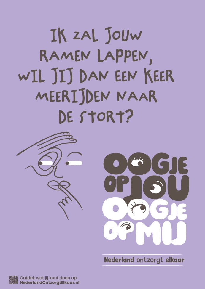 paarse poster met tekst met beeld van hand met vingers